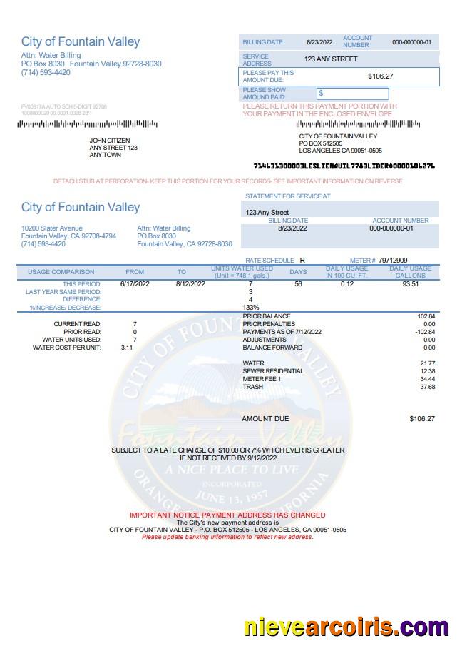USA California City of Fountain Valley utility bill